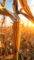 Ripe Corn on Stalk in Golden Sunlight - Autumn Harvest.