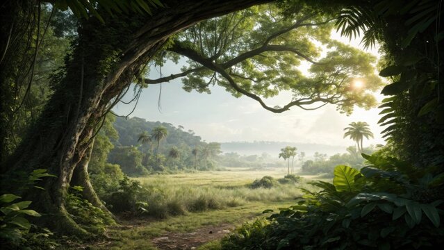 Jungle landscape view from under tree canopy into distance