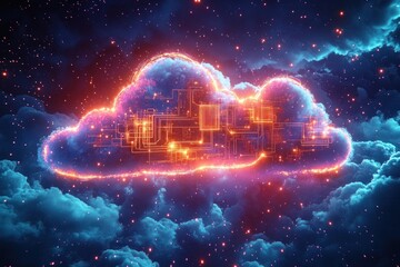 glowing digital cloud with neon circuitry floating among starry cosmic clouds, futuristic and awe-inspiring