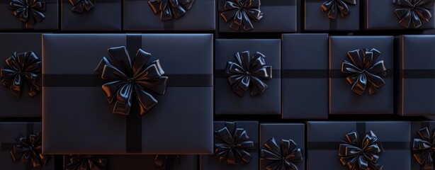 array of matte black gift boxes with glossy black ribbon bows in varying sizes, tightly arranged in a repeating pattern with warm highlights conveying elegant mysterious luxury