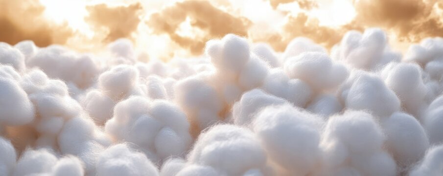 soft fluffy white cloudscape with golden backlight and cottonlike texture, dreamy serene glow - Powered by Adobe