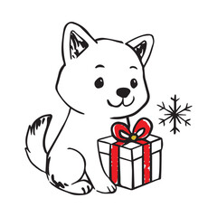 Hand drawn winter Christmas dog animal characters with Christmas tree, gift box. Dog in winter hat and scarf. Vector sketch illustration in vintage rough pen textured style