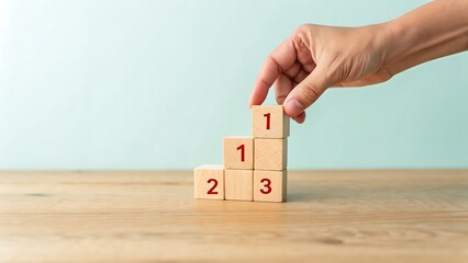 Hand stacking numbered blocks to create a staircase of success