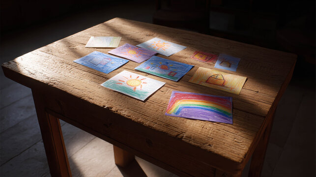 Warm Wooden Table Covered with Colorful Children's Crayon Drawings in Bright Light