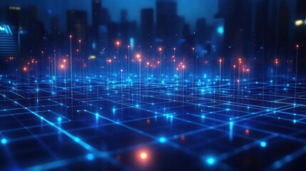 futuristic glowing blue digital grid with vertical light pillars and orange data nodes over a blurred city skyline conveying connectivity and dynamic energy