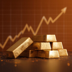 Abstract financial theme background gold bar rising chart upward arrow investment growth increasing profit.