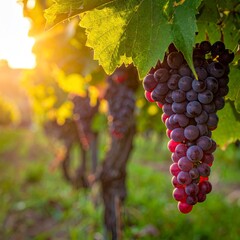 Ripe Grapes on the Vine in Vineyard at Sunset.