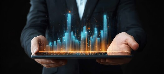 hands holding a tablet projecting a glowing blue and orange holographic city and bar chart, a suited figure presenting futuristic confident data visualization