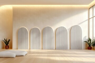 Minimalist sunlit room with five arched wall panels, wooden floor, low floor cushions and potted plants conveying a calm serene and airy atmosphere