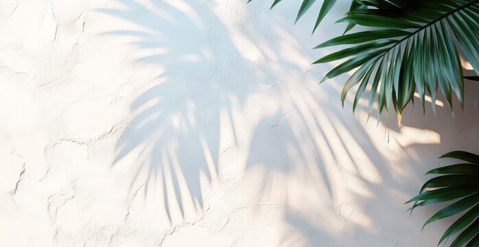 green palm leaves and soft shadows on a textured white plaster wall bathed in warm sunlight conveying a calm serene tropical mood