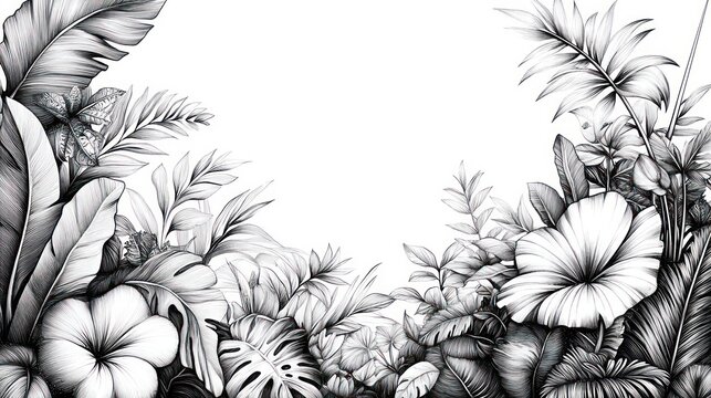 detailed black and white tropical botanical border with hibiscus, monstera, palm and banana leaves framing an empty center, serene elegant natural scene - Powered by Adobe