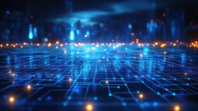 glowing blue circuit grid and scattered orange lights on a reflective surface with a blurred futuristic city skyline, evoking a sleek, mysterious high-tech atmosphere