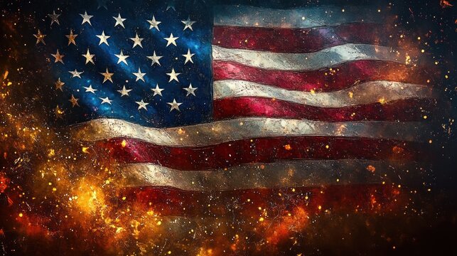 worn stars and stripes flag waving over a fiery smoky backdrop with glowing embers and gold flecks, dramatic and intense patriotic scene conveying turmoil and resilience
