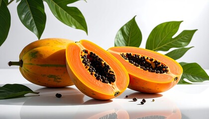 Ripe Papayas with Seeds and Green Leaves on White Surface.