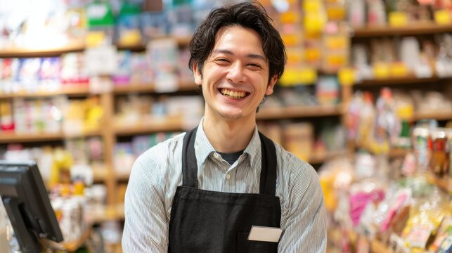 A cheerful store clerk stands behind the counter, smiling warmly while surrounded by colorful products, ready to assist customers in a busy grocery store. - Powered by Adobe