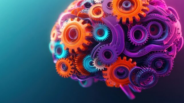 colorful brain made of interlocking gears and cogs in neon orange purple and teal, glowing futuristic and energetic, evoking creative mechanical thinking