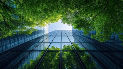 low-angle view of a reflective glass skyscraper framed by vibrant green tree canopy, peaceful harmonious urban nature reflection