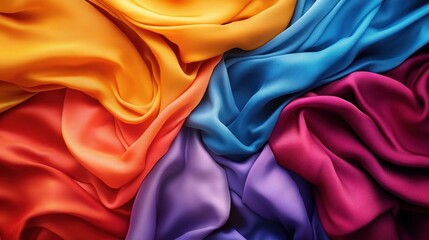 draped silk fabrics in vivid yellow orange coral blue purple and magenta folds, flowing silky textures evoking a vibrant, elegant and luxurious mood
