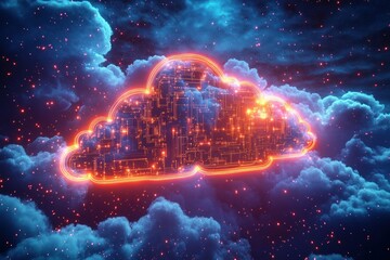 Glowing neon circuit cloud hovering amid deep blue cosmic clouds and sparkling stars, emitting warm orange light and futuristic awe