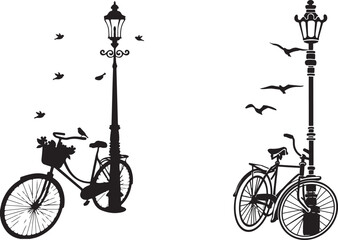 Vintage bicycle silhouette vector illustration of an old sport cycle on a black wall for transport and travel