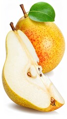 Ripe Pear Still Life - Fresh Fruit with Slice and Leaf.