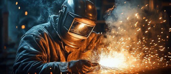 focused welder in protective helmet and gloves cutting metal with bright sparks and smoke in a dim industrial workshop, intense determined atmosphere