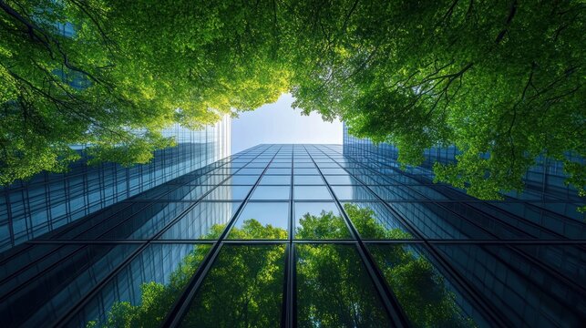 low-angle view of a reflective glass skyscraper framed by vibrant green tree canopy, peaceful harmonious urban nature reflection - Powered by Adobe