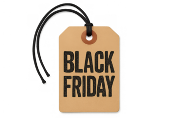 Black friday sale tag promoting discounts and special deals for holiday season shopping promotions with transparent background