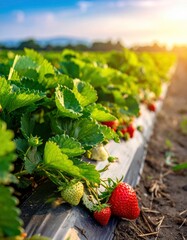 Ripe Strawberries Growing in a Field at Sunset.