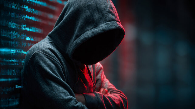 Anonymous hacker in red hoodie with binary code background cybercrime concept AI generated