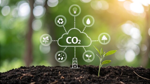 Digital cloud of carbon dioxide icons connected to nature and sustainability - Powered by Adobe