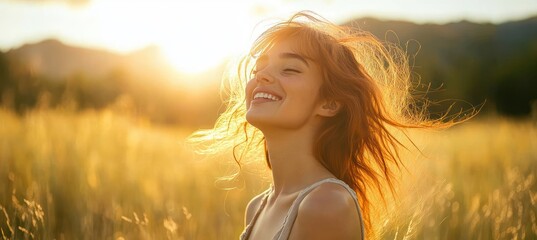 young woman with red hair standing in a sunlit wheat field at golden hour, wind blowing through hair, warm glowing light and peaceful, free feeling