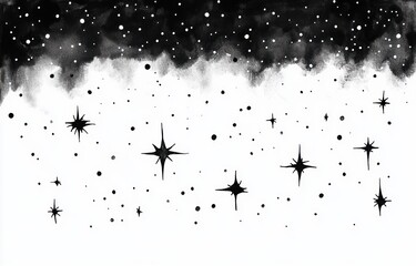 black ink wash night sky with scattered speckled dots and large stylized starbursts on white background, dreamy tranquil mood
