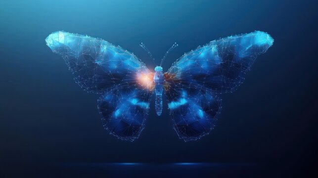 glowing blue wireframe butterfly with luminous nodes and warm core light floating on a dark futuristic background, serene and ethereal