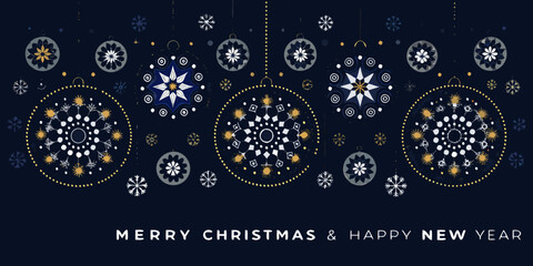 Elegant merry christmas and happy new year greeting with festive ornaments and snowflakes on a dark blue background