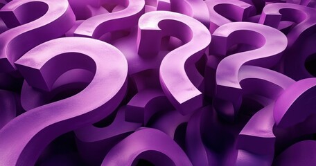 dense pile of three-dimensional purple question marks conveying confusion and curiosity