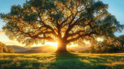 Majestic solitary oak tree in a sunlit meadow with sunburst through its trunk, sprawling branches over rolling hills, serene golden atmosphere