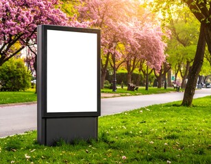 Display stand in park, with greenery and blooming trees