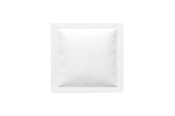 A realistic high resolution blank white rectangular plastic foil sachet packet mockup with jagged edges and shadow effect isolated on transparent background