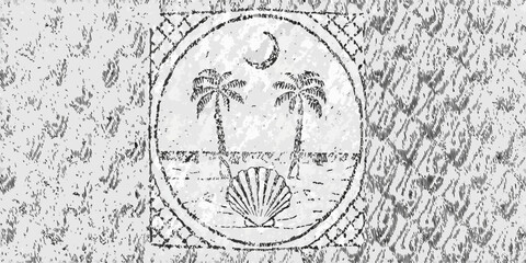 Obraz premium Vintage tropical emblem featuring palm trees crescent moon and seashell on a textured background