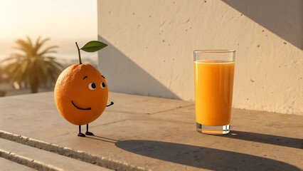 Animated orange character looks at a glass of fresh orange juice