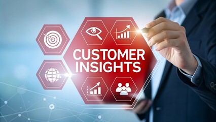 Businessman analyzing customer insights with digital interface and data visualizations