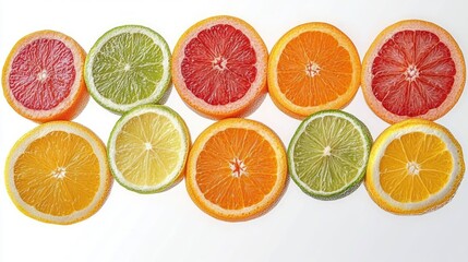 Ten halved citrus fruits arranged in two rows on a clean white background, vibrant grapefruit, orange, lime and lemon slices, fresh and cheerful