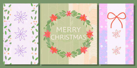 Three festive christmas greeting cards featuring poinsettia wreath and floral designs