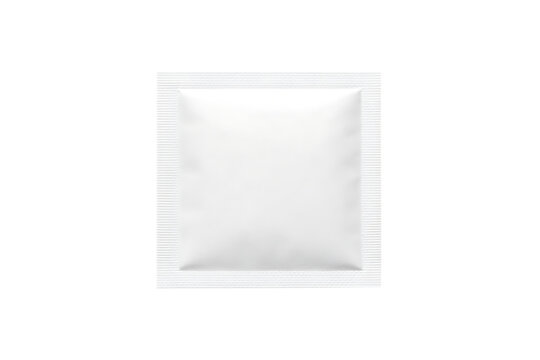 A realistic high resolution blank white rectangular plastic foil sachet packet mockup with jagged edges and shadow effect isolated on transparent background