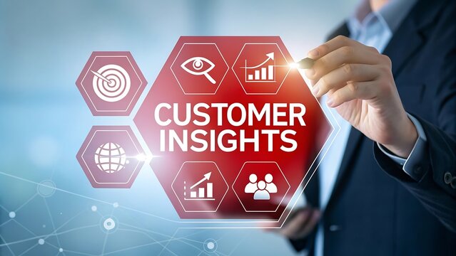 Businessman analyzing customer insights with digital interface and data visualizations