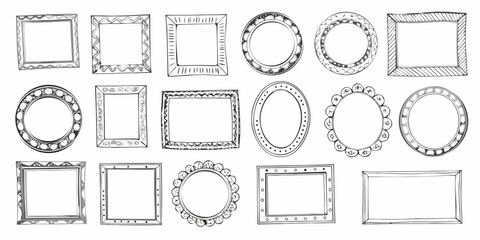 Collection of hand drawn sketchy picture frames in various shapes and decorative styles