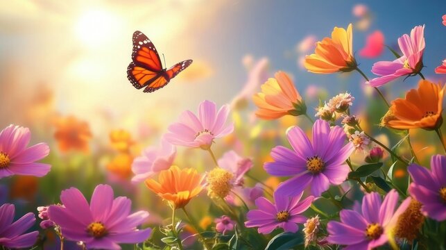 orange butterfly hovering above vibrant pink, purple and orange wildflowers in a sunlit meadow, evoking peaceful warmth and joyful serenity