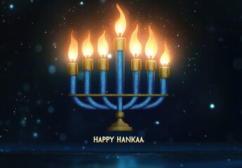 Glittering blue and gold menorah with lit candles and warm glowing flames against a starry dark background, festive and peaceful mood, text reading 'Happy Hankaa'