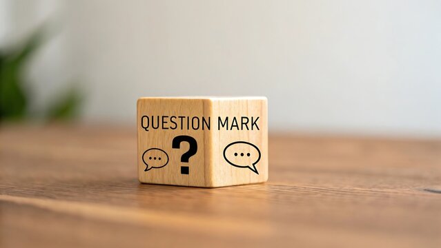 Wooden block with question mark and speech bubbles symbolizing inquiry
